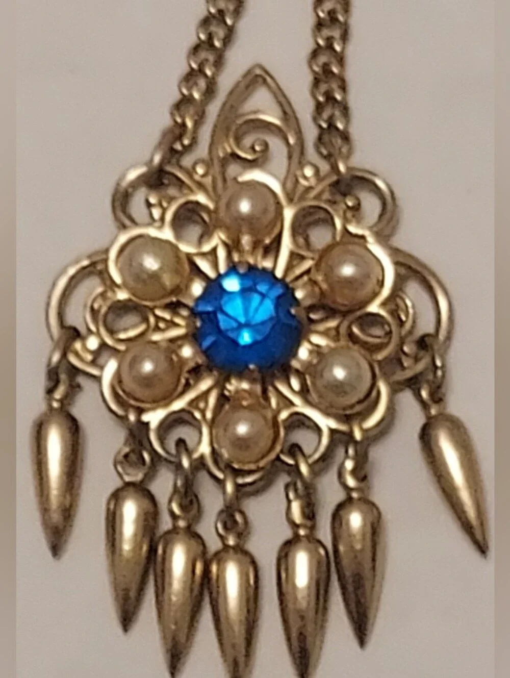 Vintage Goldtone Filigree Chatelaine Brooch Blue Rhinestones Faux Pearls 2.5in.